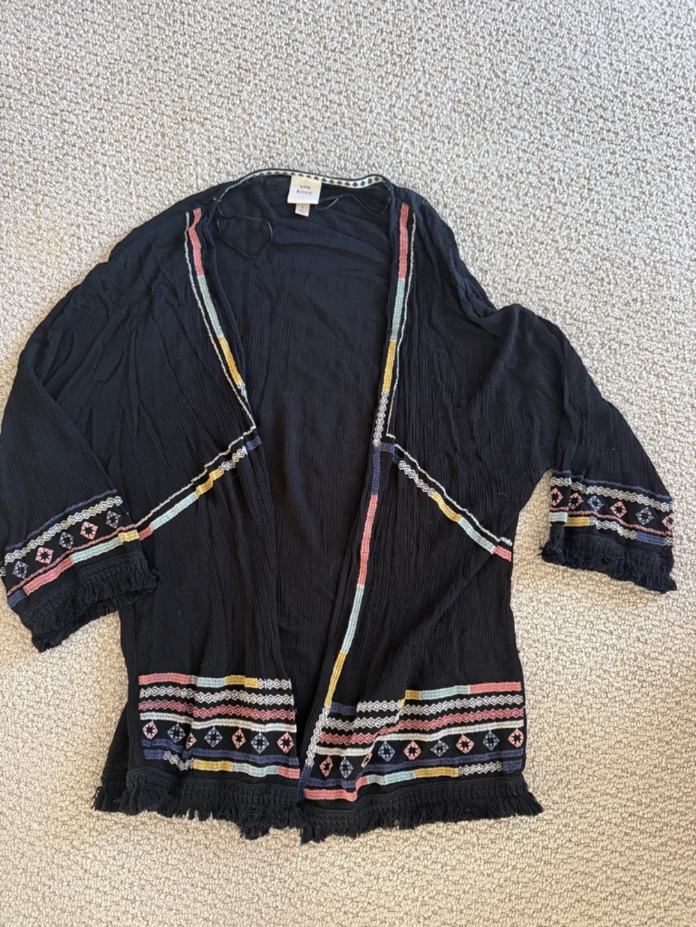 Black Embroidered Open Front Kimono Cardigan/ Cover Up